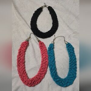 Chic Braided Necklace Trio - Black, Pink, and Blue